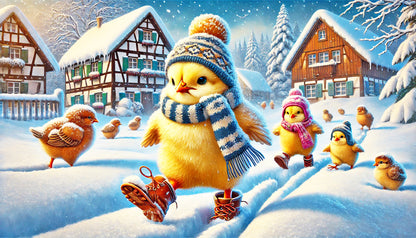 Postkarten - Hühner und Küken im Winter (KI-generiert)