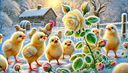 Postkarten - Hühner und Küken im Winter (KI-generiert)