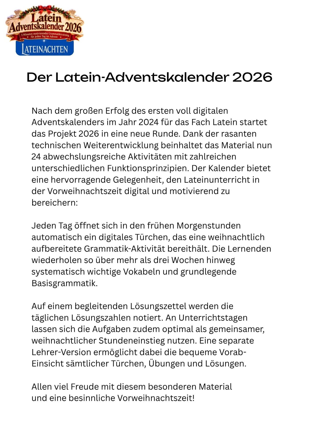 Latein Adventskalender 2026 - Grammatik wiederholen im Advent