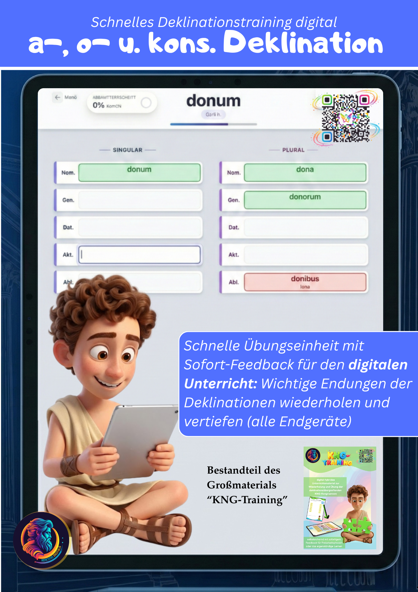 Endungstrainer (a-, o- u. kons. Deklination) für den digitalen Unterricht