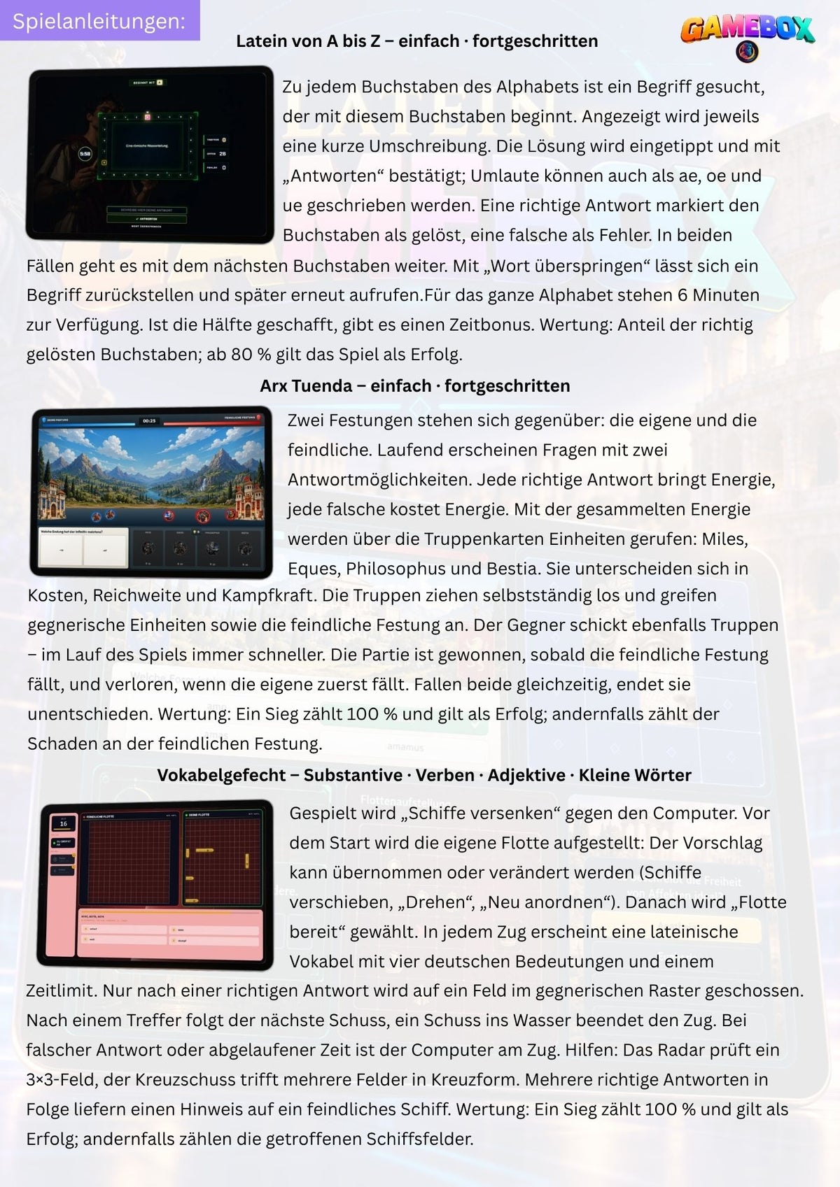 Latein Gamebox - digitale Vertretungsaktivitäten